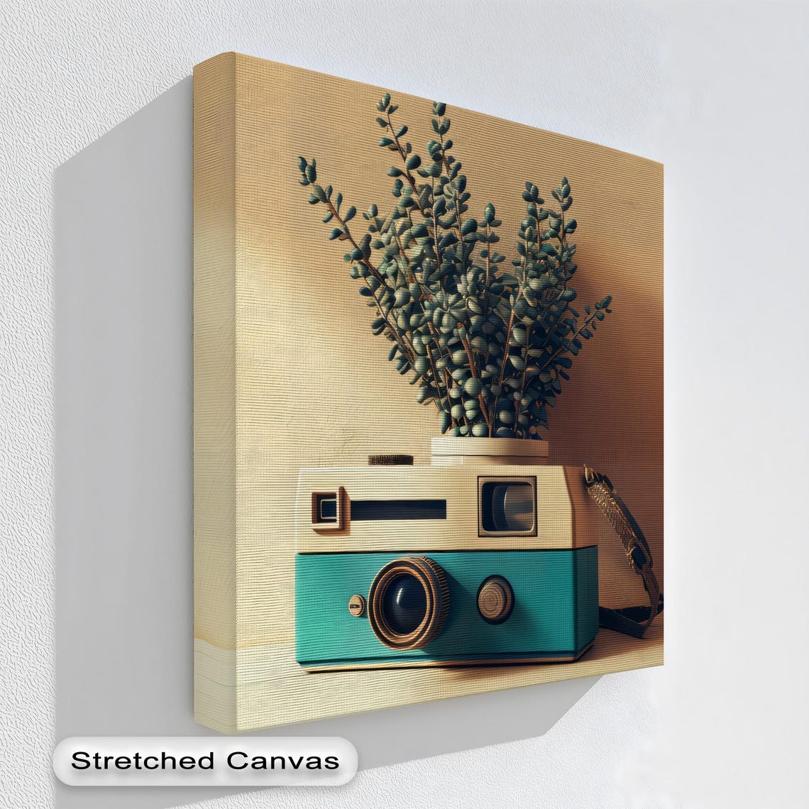 Retro Teal Film Camera Dried Botanicals Still Life Canvas Wall Art