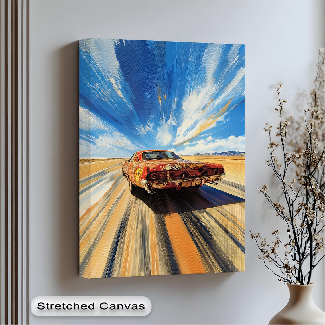 Retro Racing Car Rear View Desert Highway Dramatic Canvas Wall Art