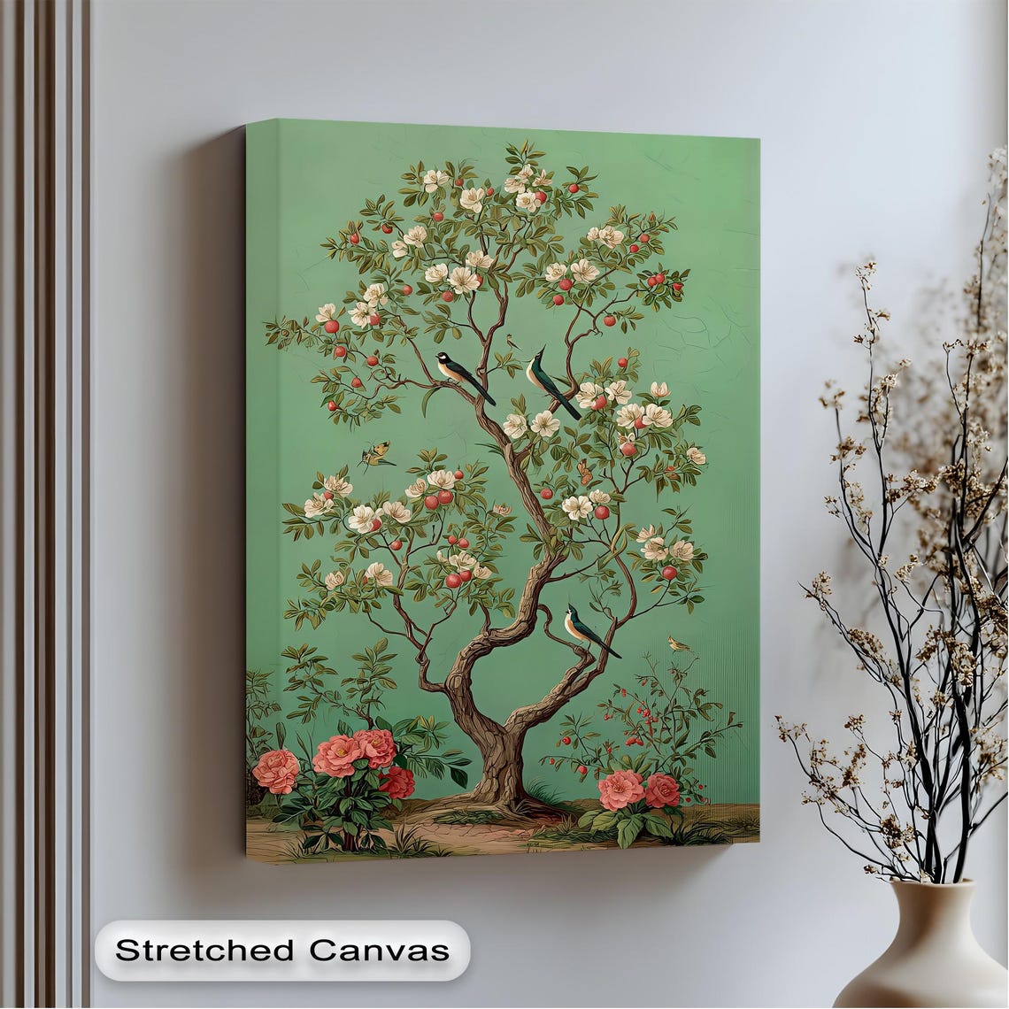 Red Floral Bird Canvas Wall Art Asian Botanical Decor With Silver Framed Artworks