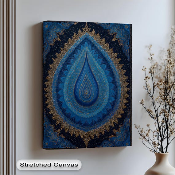 Blue Mandala Canvas Prints Gold Detail Living Room Art Silver Floating Framed Wall