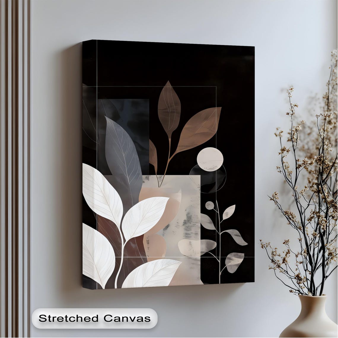 Abstract Botanical Leaves Black White Beige Minimalist Poster