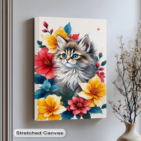 Floral Kitten Portrait Cute Cat With Vibrant Spring Flowers Canvas Print