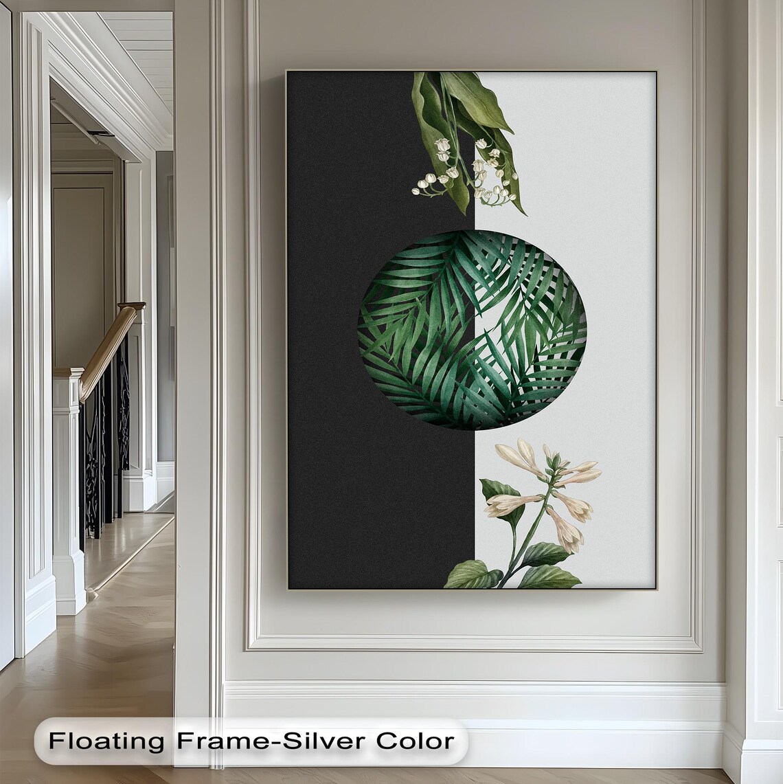 Black And White Tropical Leaf Canvas Art Gold Frame Vertical Print