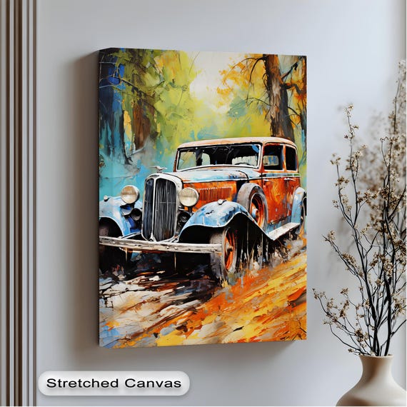 Vintage 1930s Sedan Autumn Forest Rusty Orange Classic Auto Poster