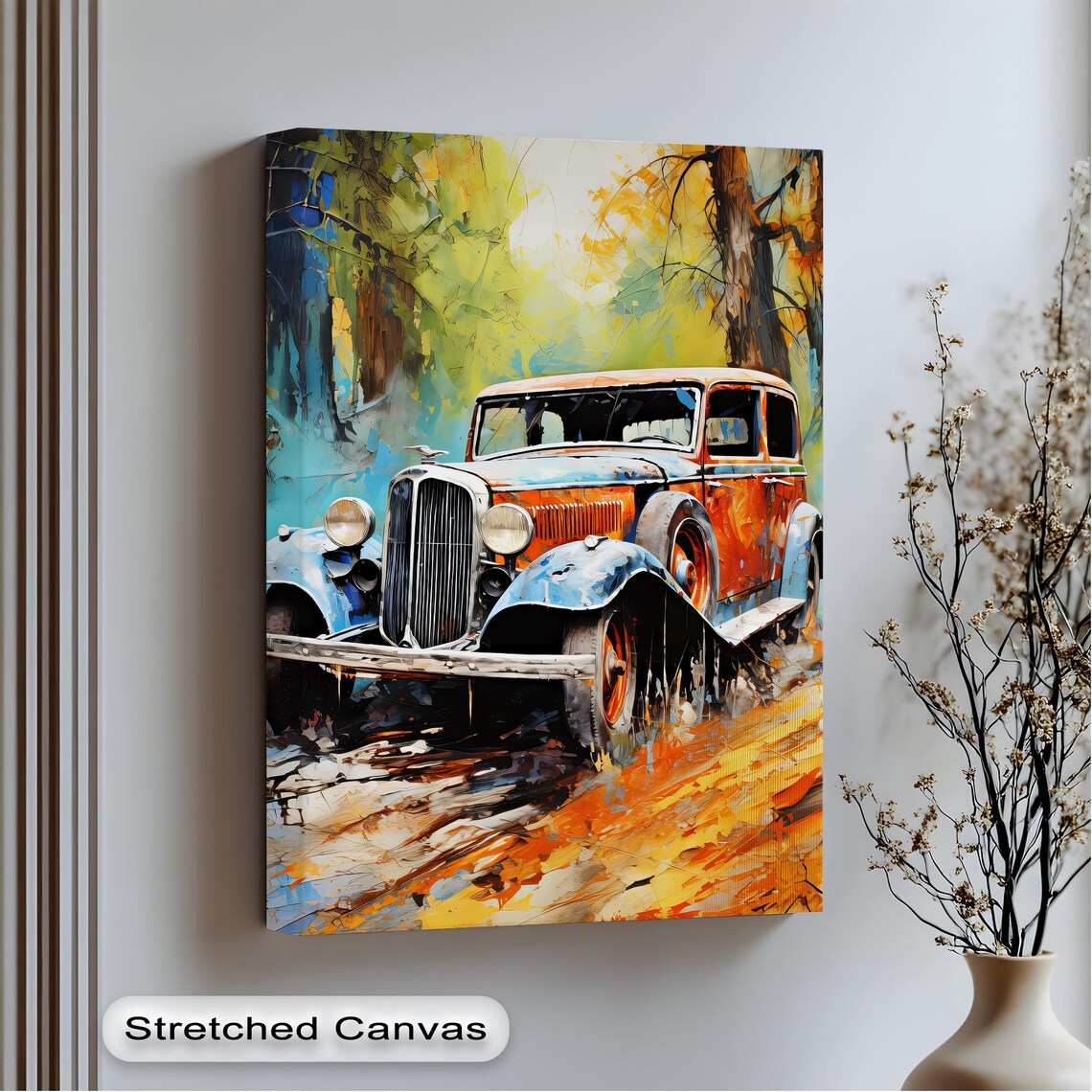 Vintage 1930s Sedan Autumn Forest Rusty Orange Classic Auto Poster