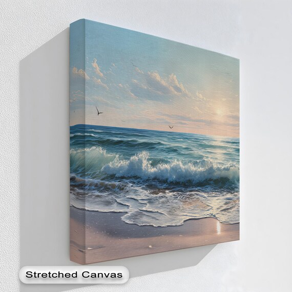 Ocean Waves Sunset Beach Seagulls Serene Coastal Scene Print
