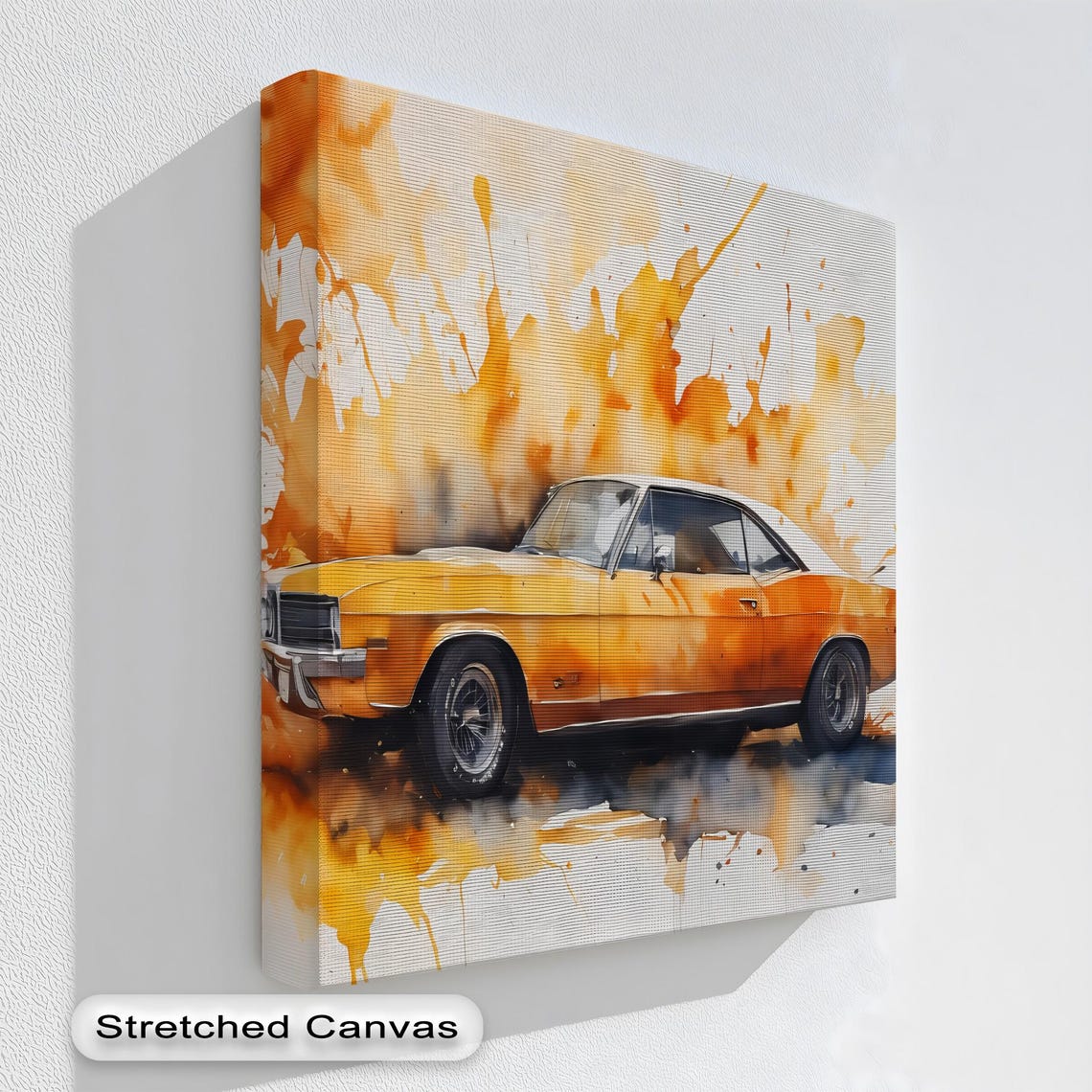 Orange Muscle Car Watercolor Print With Retro Coupe Splash Art Decor
