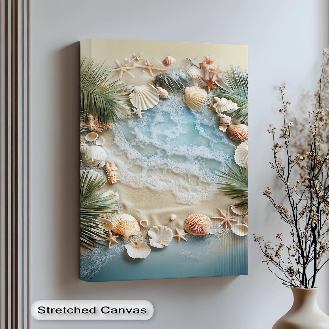 Coastal Wreath Seashells Starfish Palm Leaves Ocean Foam Wall Art