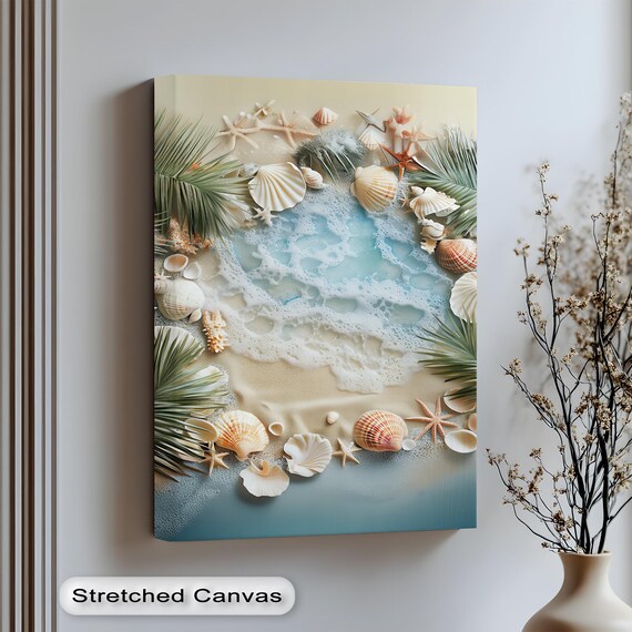 Coastal Wreath Seashells Starfish Palm Leaves Ocean Foam Wall Art