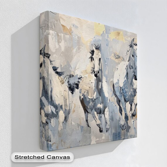 Abstract White Horses Canvas Art Textured Neutral Palette Natural Frame