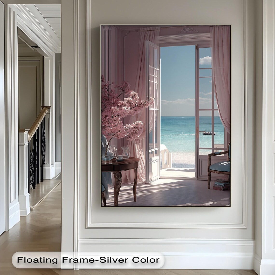 Ocean View French Doors Beach Cherry Blossom Elegant Coastal Living Poster
