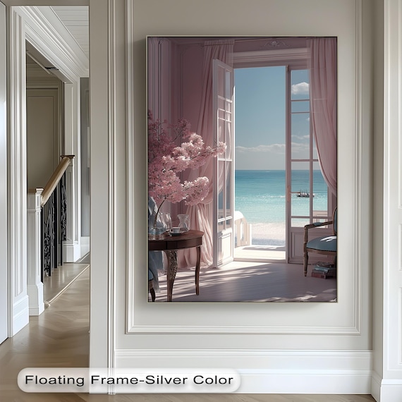 Ocean View French Doors Beach Cherry Blossom Elegant Coastal Living Poster