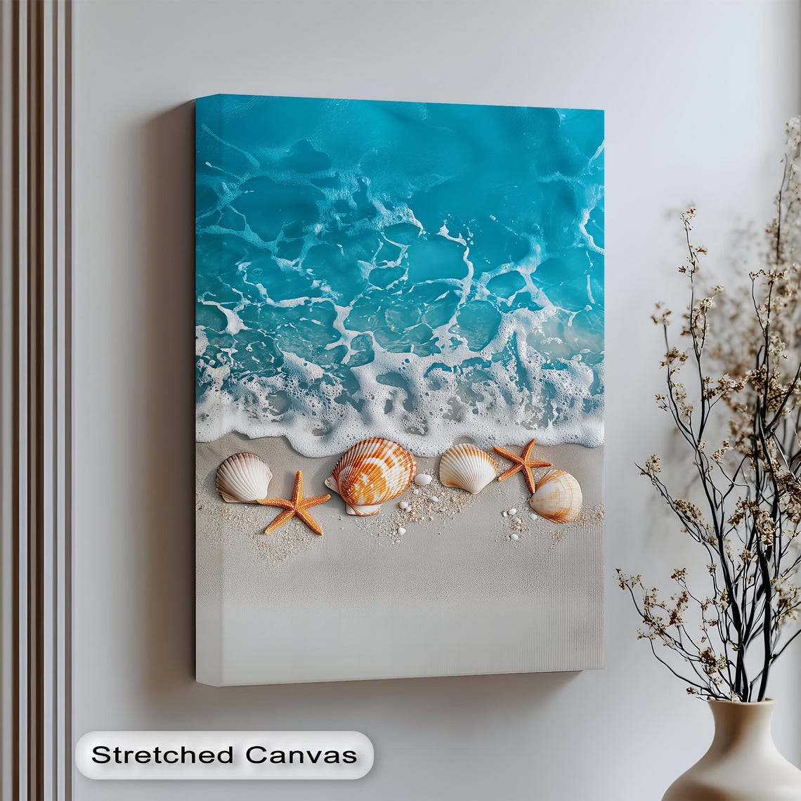 Seashells and Starfish on Turquoise Shoreline Beach Aerial Poster