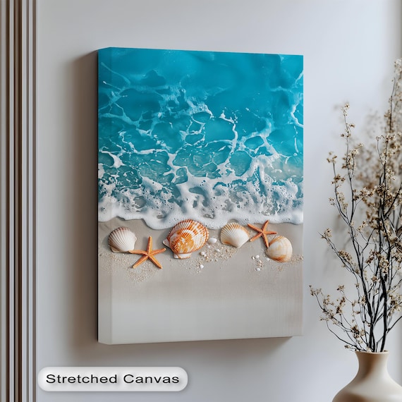 Seashells and Starfish on Turquoise Shoreline Beach Aerial Poster