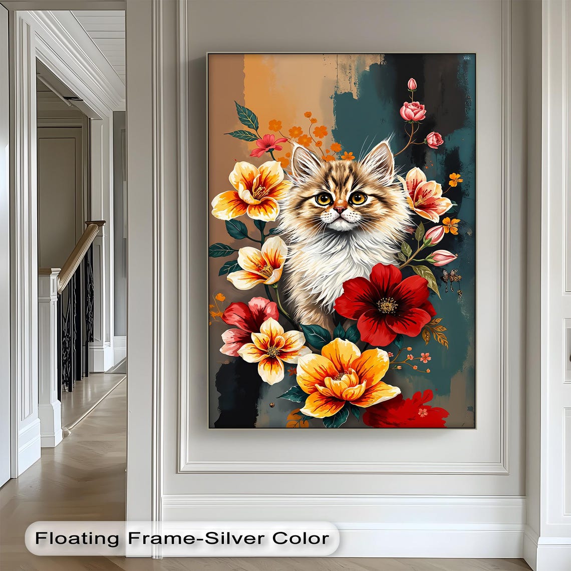 Cute Kitten with Floral Blooms Colorful Cat Portrait Art Poster
