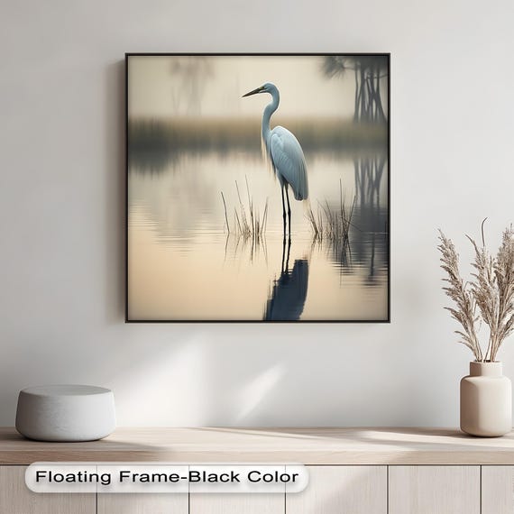 Egret Canvas Wall Art Serene Lake Scene Gold Floating Frame