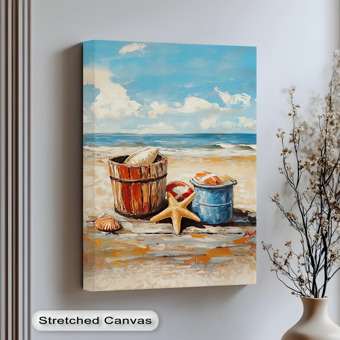 Vintage Beach Buckets And Starfish Seaside Oil Painting Print