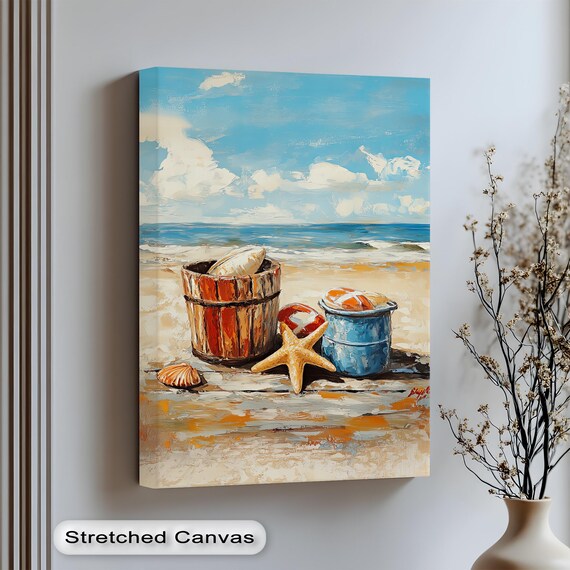 Vintage Beach Bucket Canvas Art Starfish Summer Toys Coastal Print