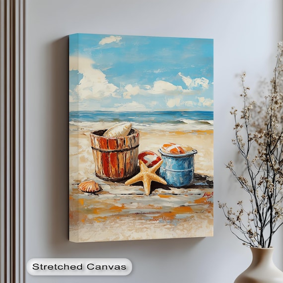 Vintage Beach Buckets And Starfish Seaside Oil Painting Print