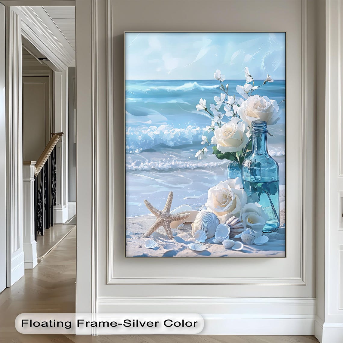 Beach Still Life White Roses Blue Bottle Starfish Shells Wall Art