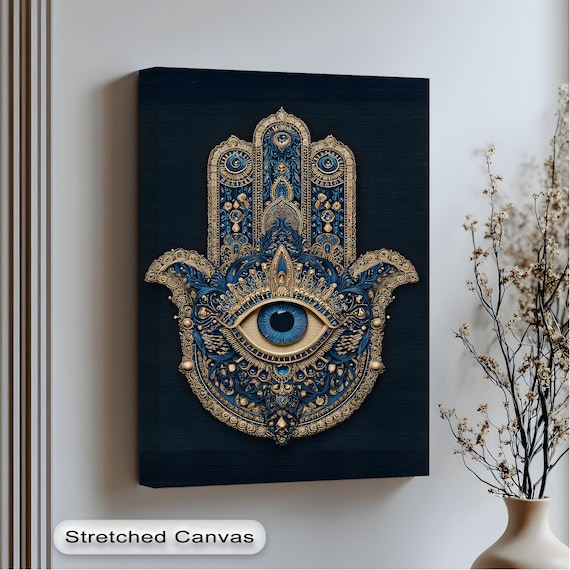Blue Gold Hamsa Hand Canvas Art Boho Spiritual Framed Wall For Living Room