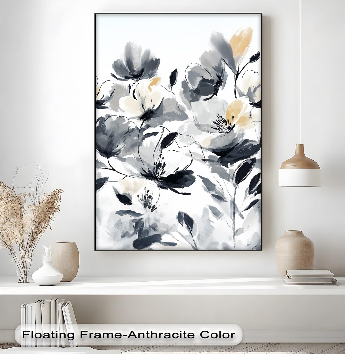 Floral Canvas Wall Art Grey White Abstract Flower Print With Silver Frame