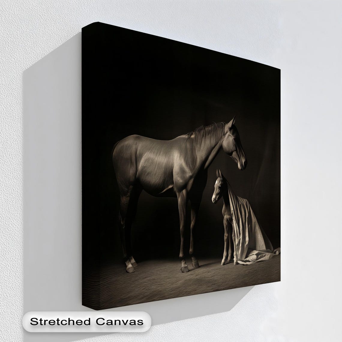 Mother and Foal Horse Dark Sepia Minimalist Equestrian Wall Art