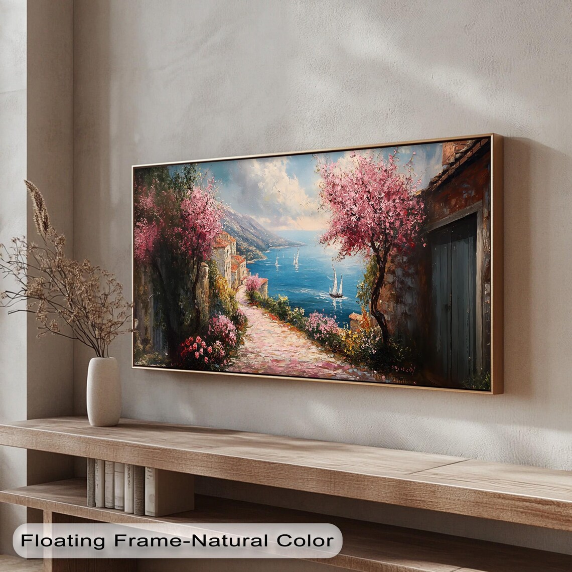 Coastal Village Pink Blossom Path Sailboats Impressionist Art Poster