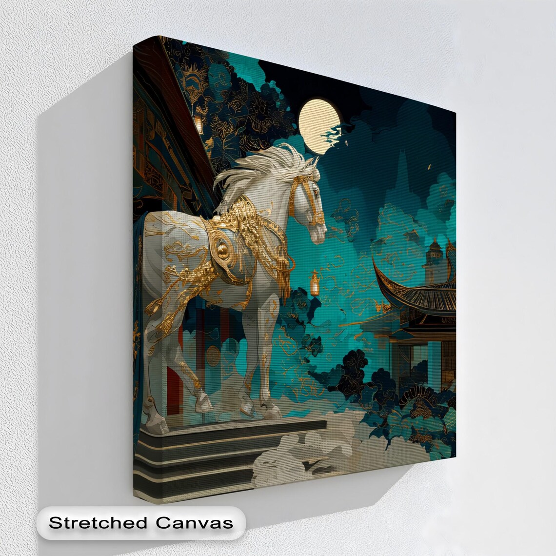 Royal White Horse Gold Armor Moonlit Palace Oriental Style Wall Art