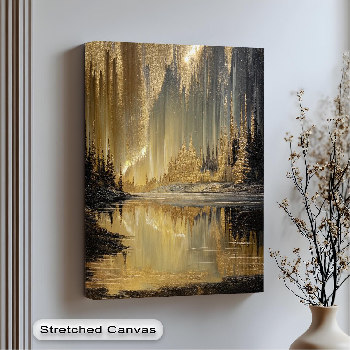 Golden Forest Lake Reflection Luxury Abstract Landscape Art Print