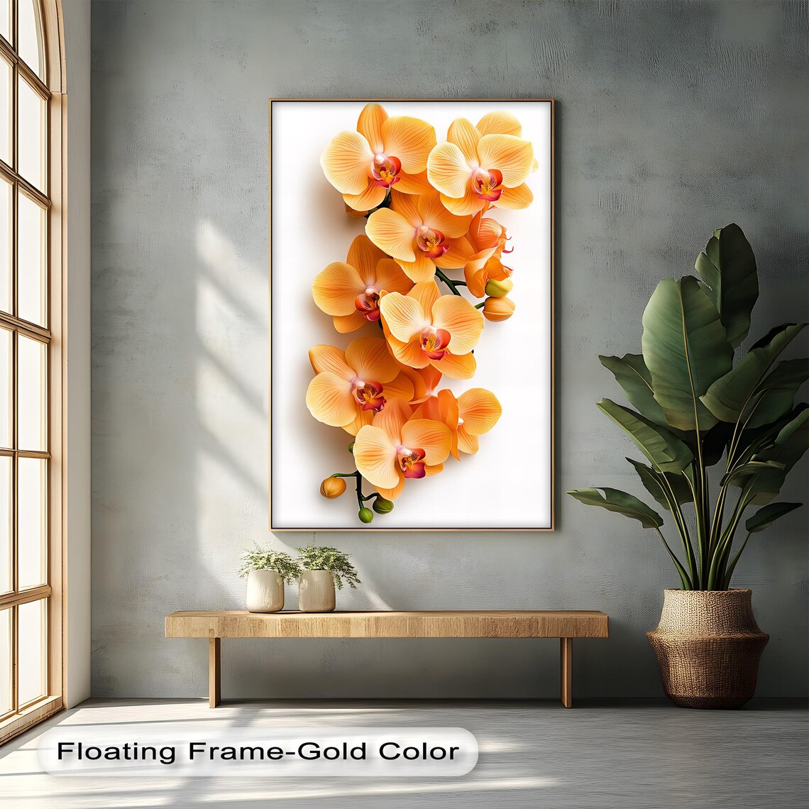 Orange Orchid Canvas Art Anthracite Frame Tropical Floral Print