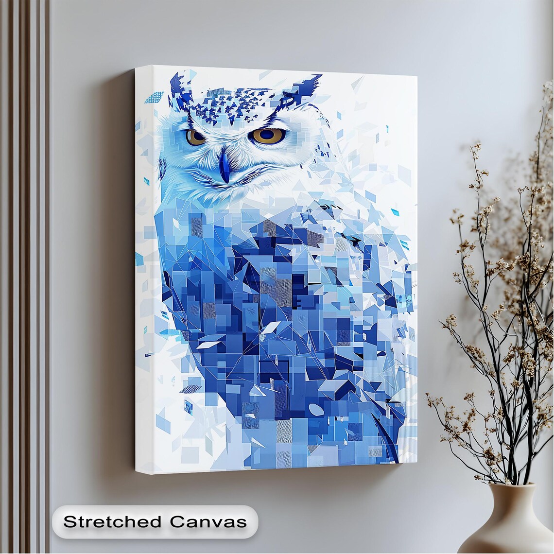 Geometric Blue Owl Pixel Shattered Glass Style Modern Wildlife Poster
