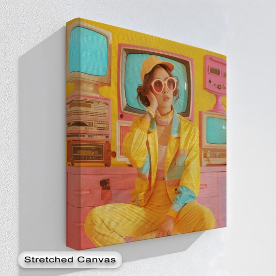 Retro 80s Pop Art Neon Girl Surrounded By Vintage TVs Poster