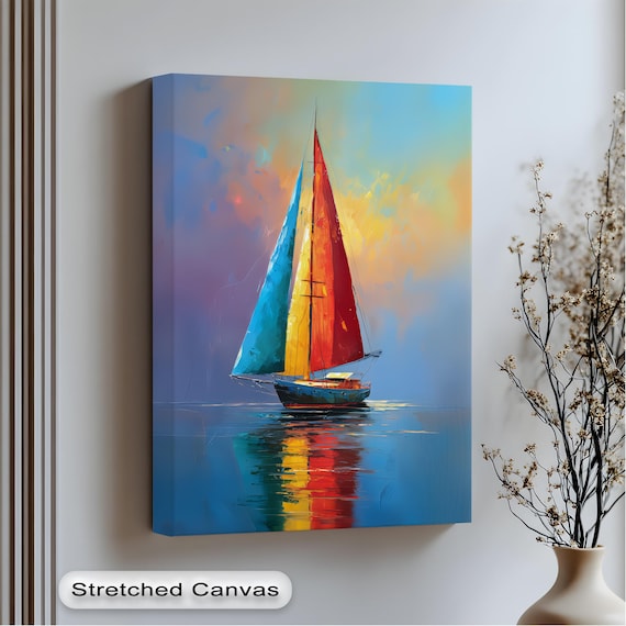 Colorful Sailboat Sunset Ocean Canvas Print Red Blue Sails Wall Decor
