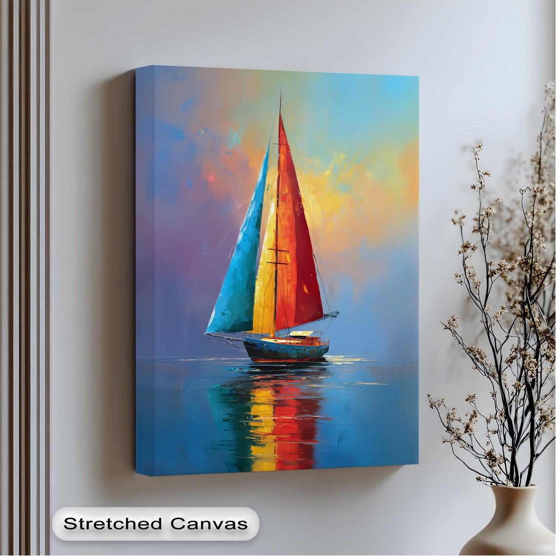 Colorful Sailboat Sunset Ocean Canvas Print Red Blue Sails Wall Decor