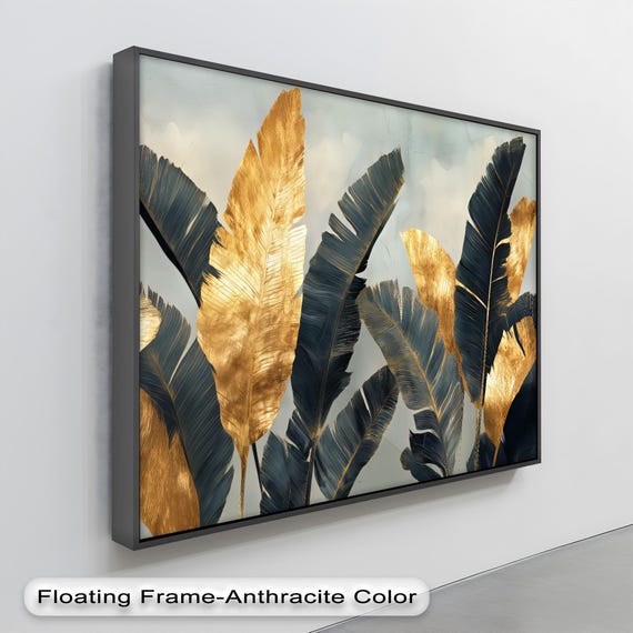 Gold Navy Banana Leaf Canvas Prints Tropical Wall Art With Floating Framed Artwork