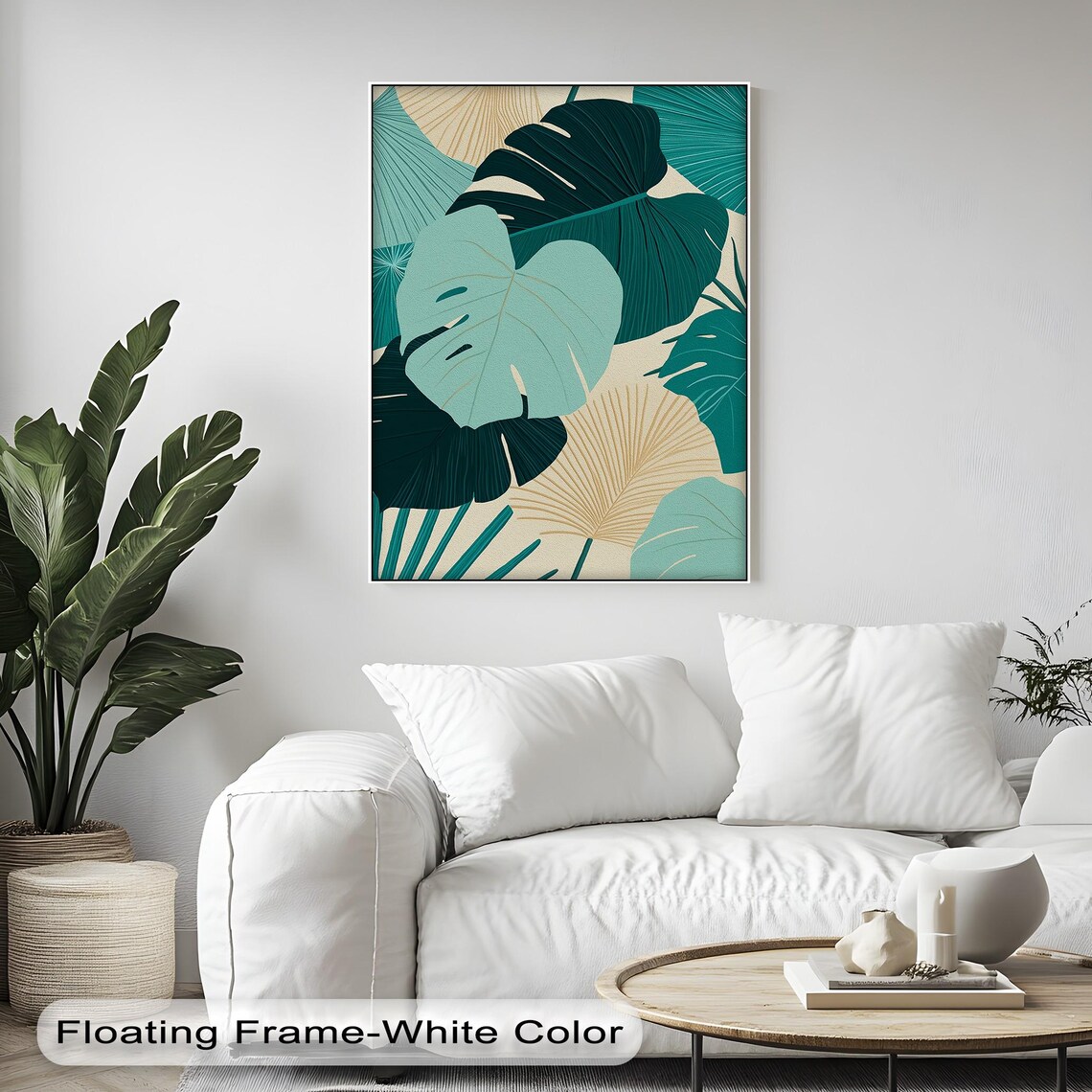 Tropical Leaf Canvas Wall Art Teal Beige Botanical Print With Gold Frame