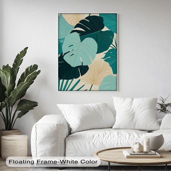 Tropical Monstera Leaves Teal and Beige Botanical Decor Print Art
