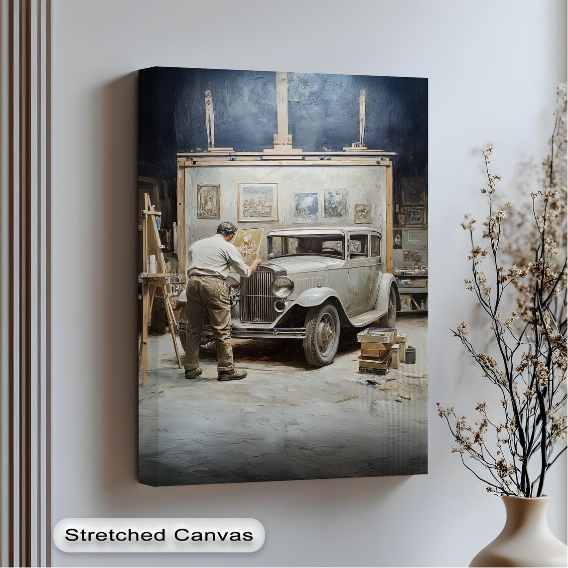 Vintage Car Restoration Artist Painting Classic Auto Garage Wall Art