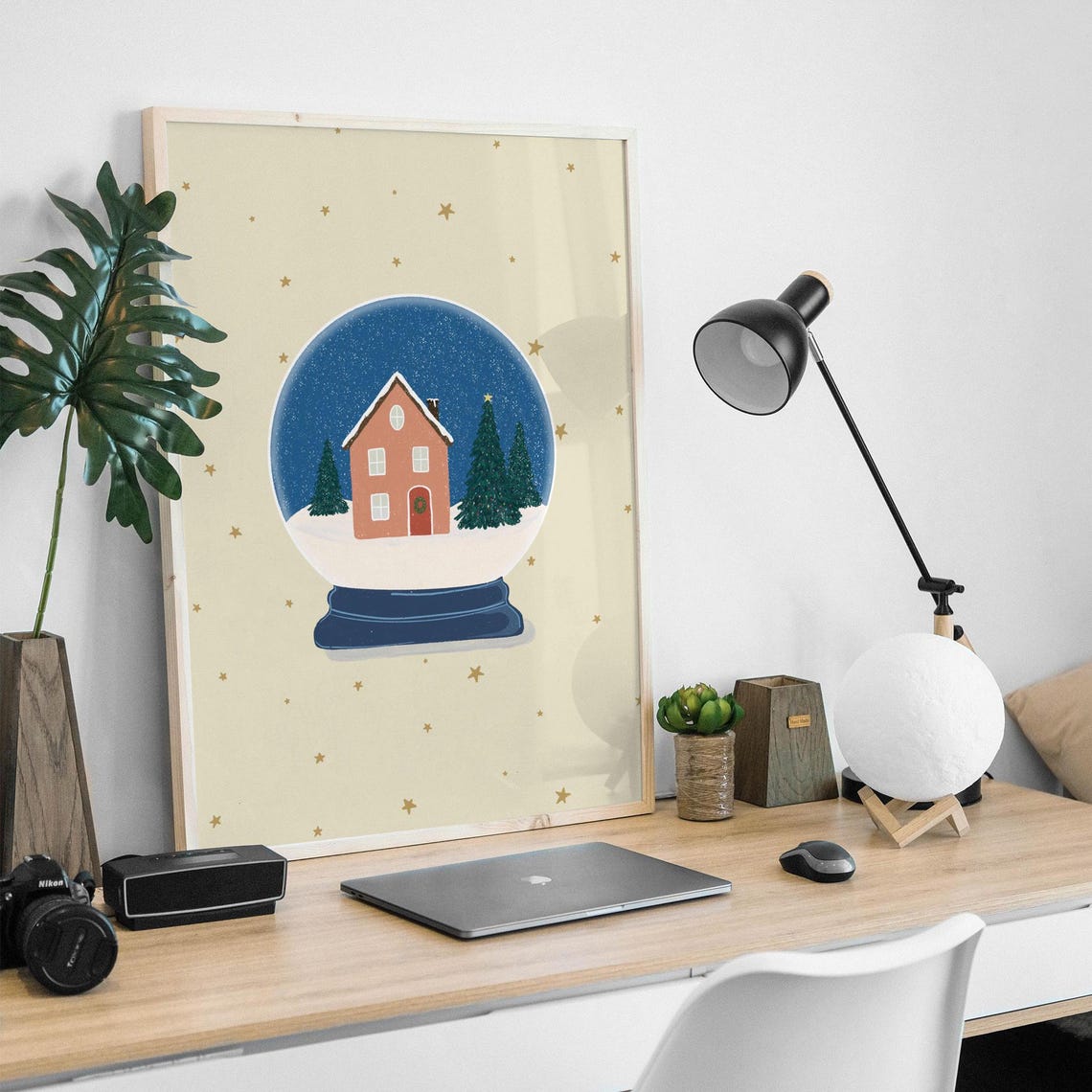 Christmas Snow Globe Cosy House Starry Night Vintage Holiday Print - Image 3
