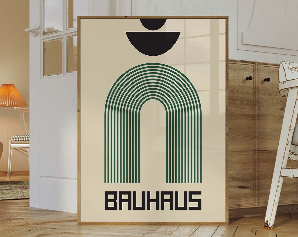 Bauhaus Green Rainbow Arch Line Art Retro Mid Century Wall Art - Image 3