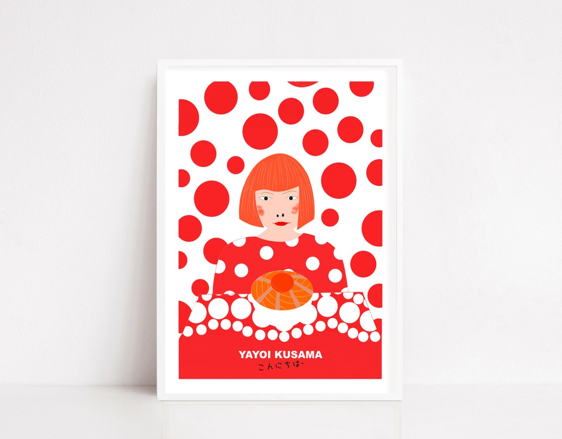 Yayoi Kusama Portrait With Polka Dots And Pumpkin Art Poster