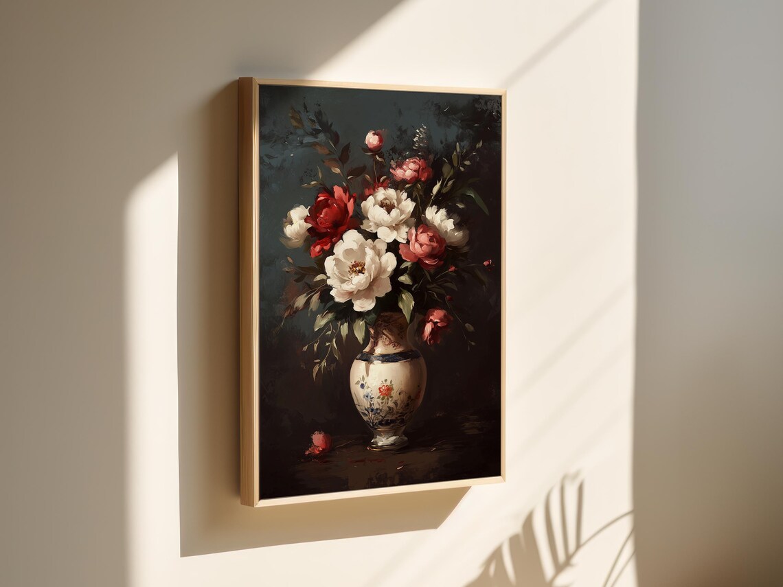 Moody Red and White Peonies Oil Painting Dark Floral Wall Art - Image 2