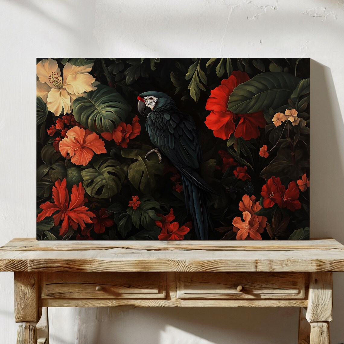 Dark Jungle Macaw Parrot Tropical Hibiscus Flower Art Poster - Image 4