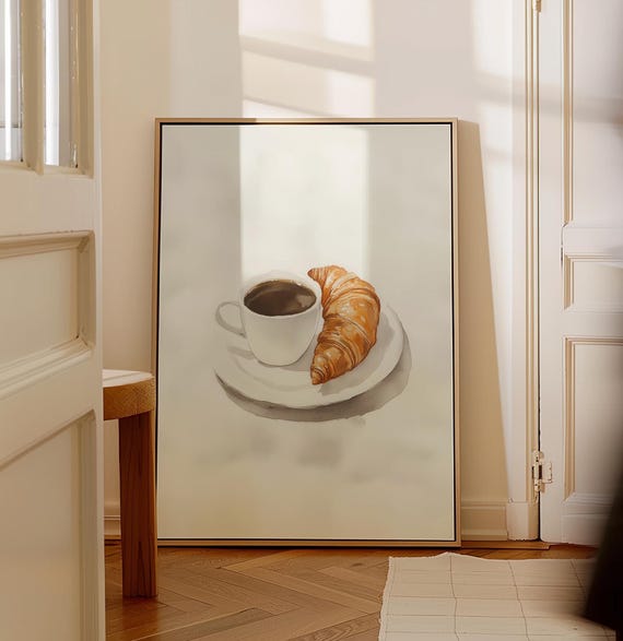 Watercolor Food Wall Art Croissant And Coffee Painting Breakfast Wall Art Cozy Morning Wall Decor Minimalist Kitchen Decor
