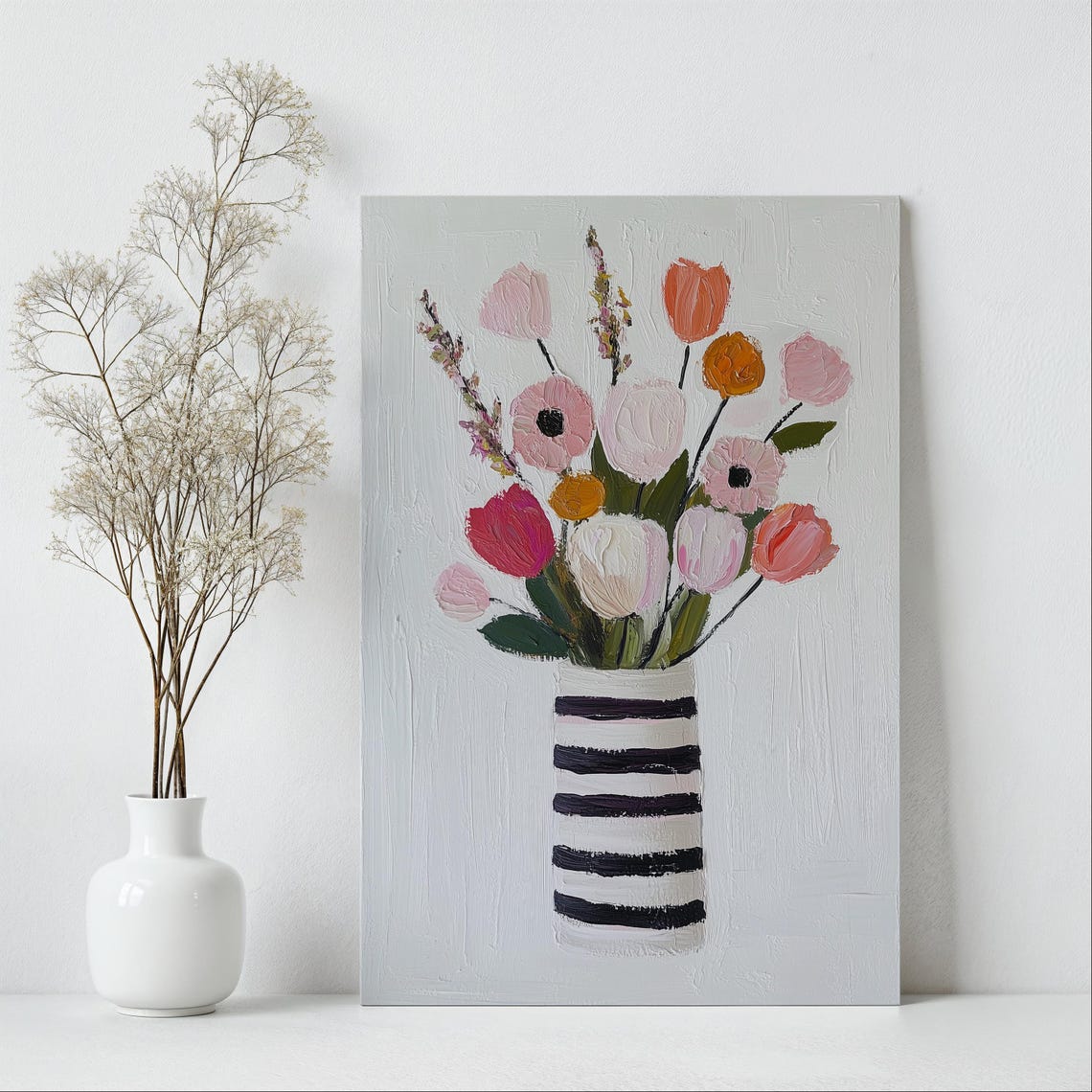 Cheerful Wildflower Bouquet Striped Vase Modern Floral Wall Art - Image 2