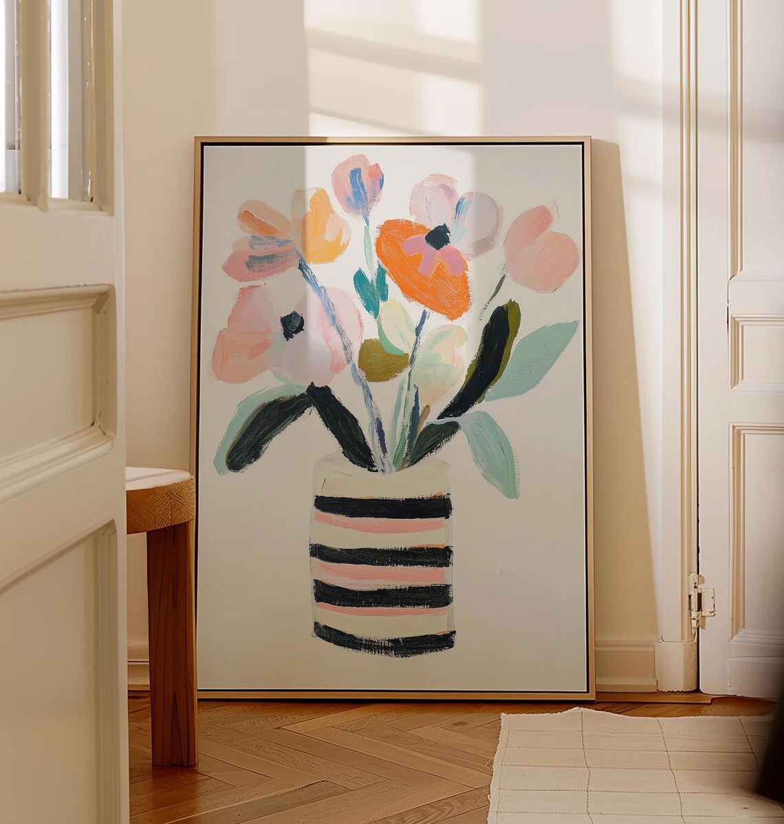 Airy Pastel Wildflowers in Striped Vase Modern Floral Wall Art - Image 4