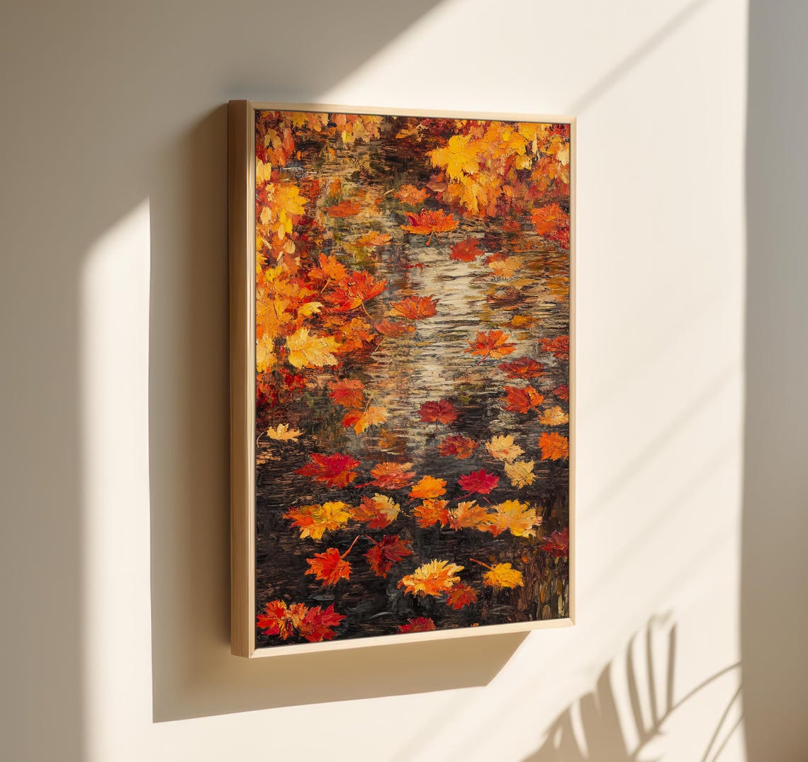 Bright Autumn Maple Leaves Floating on a Dark Forest Stream Poster