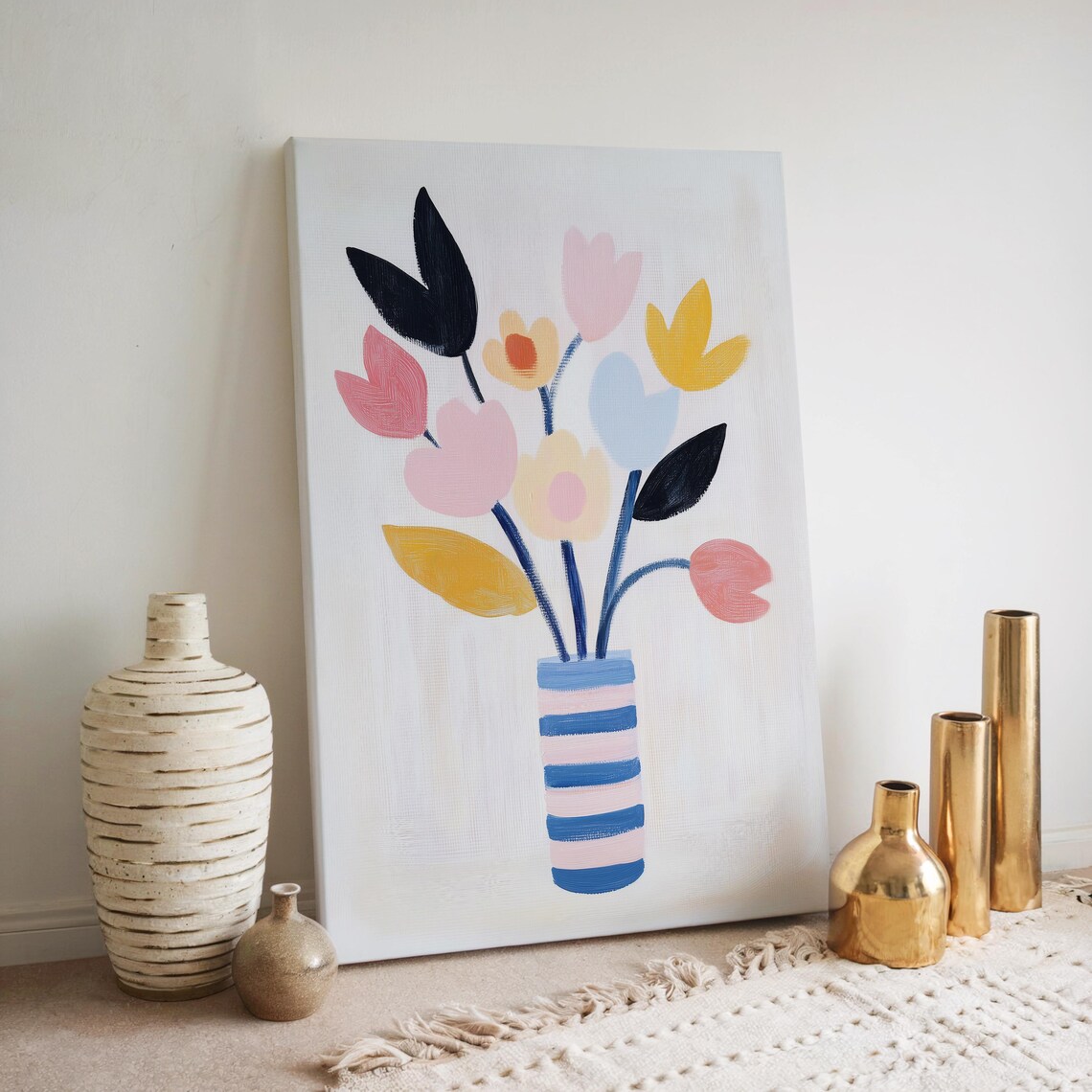 Minimalist Pastel Tulips Floral Painting with Blue Vase Wall Art - Image 2