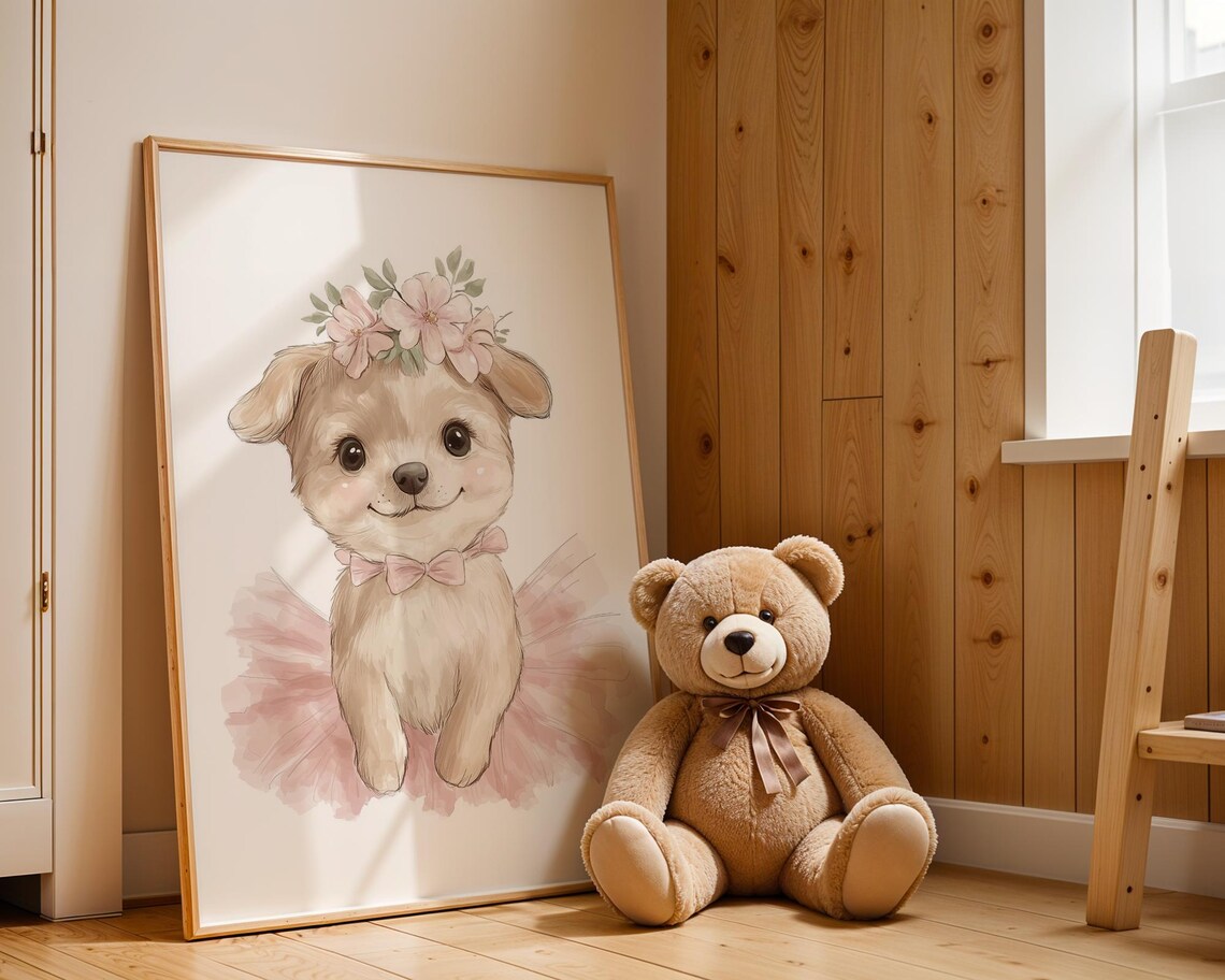 Sweet Ballerina Puppy Watercolor Nursery Wall Art Pink Tutu Crown - Image 2